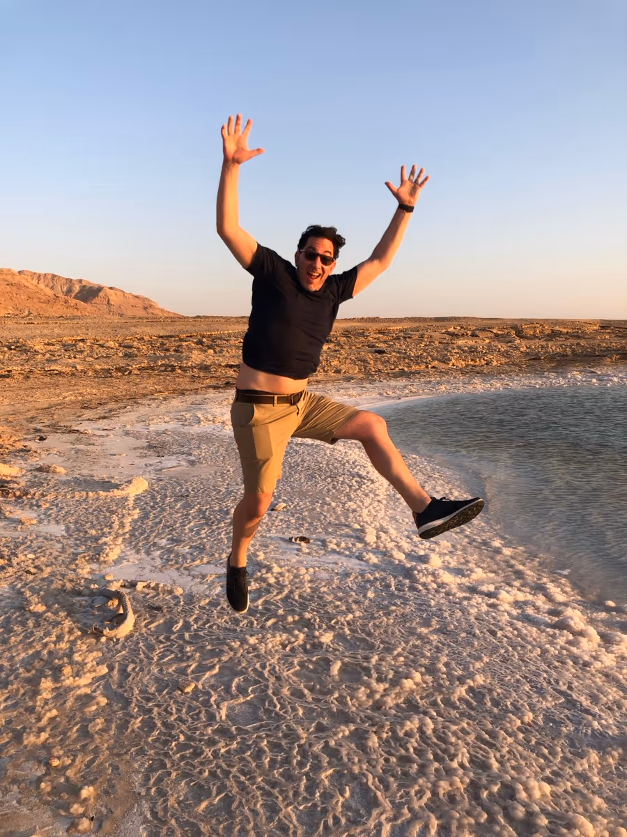 Jumping on the Dead Sea salt flats