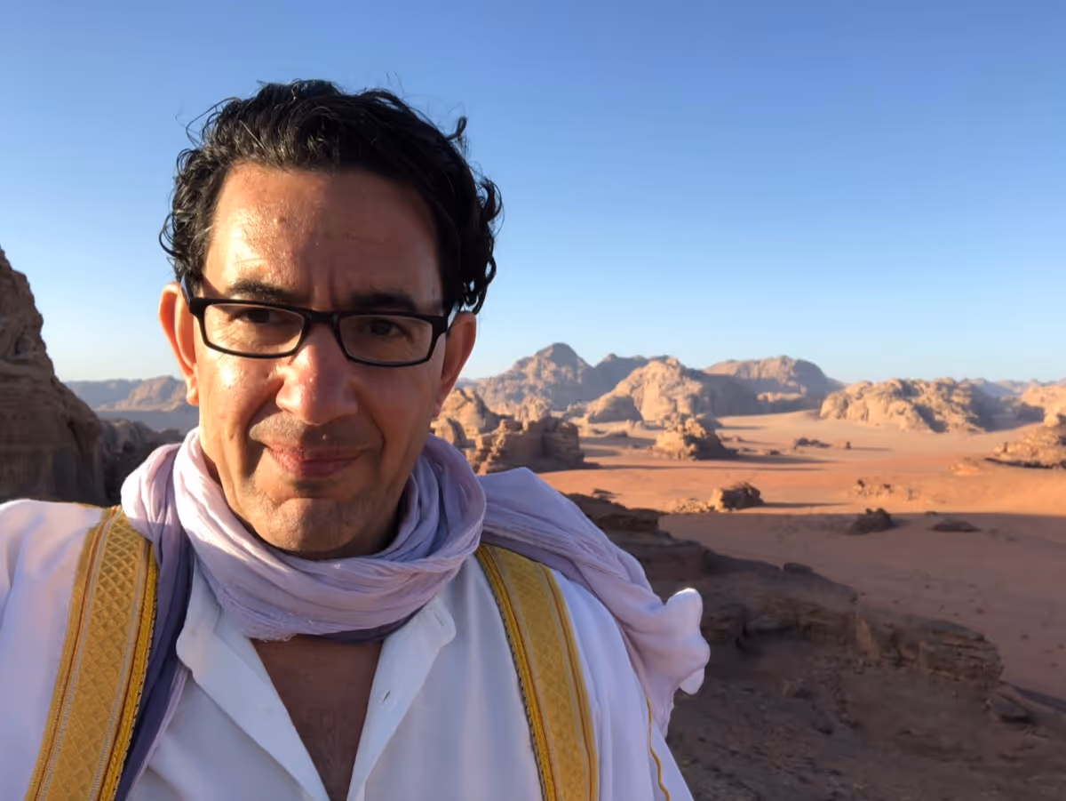 In traditional Arabian dress at Wadi Rum